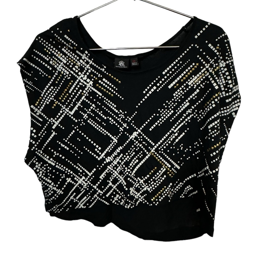 Retro Rock & Republic Black White Gold Club Blouse Women’s XS MINTY